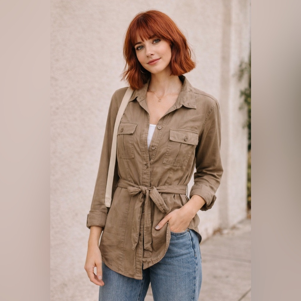 🤎 Level 99 Linen Blend Utility Cargo Minimalist Button-Up Shirt | Size Large